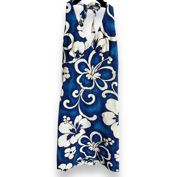 Vintage Hookano Barkcloth Tiki Cotton Hawaiian Blue White Floral Halter Dress 14 - Picture 2 of 3